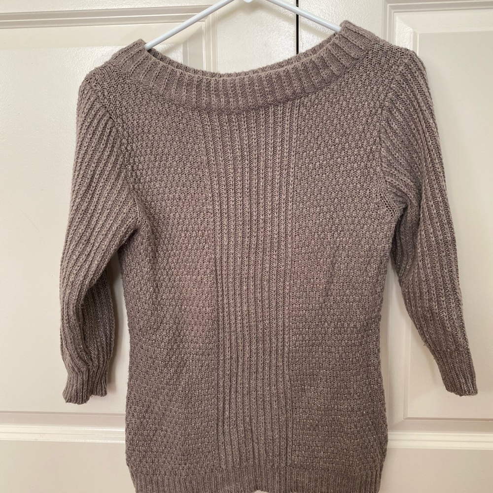 New York & Company Chunky Ribbed Knit Sweater S Taupe Metallic Thread